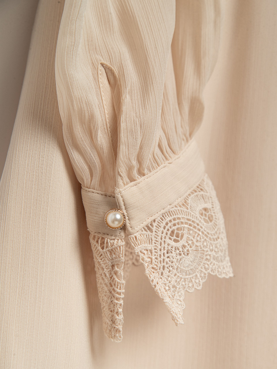 Long Sleeve Chifffon Blouse with Lace Trim Cuffs by Haver + Blair