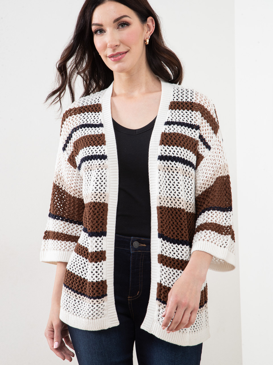 Open Stitch Knit Neutral Stripe Kimono Sweater