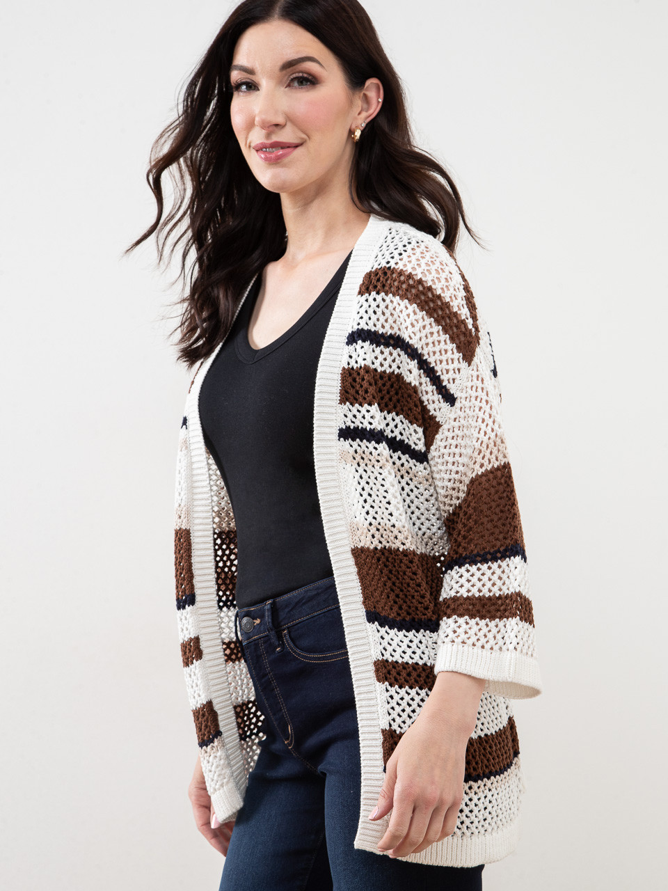 Open Stitch Knit Neutral Stripe Kimono Sweater