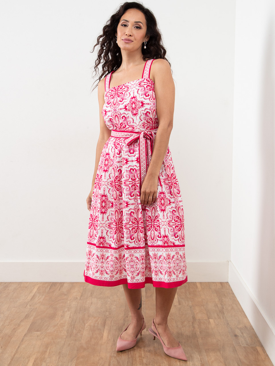 Petite Cotton Sateen Hot Pink Border Print Dress