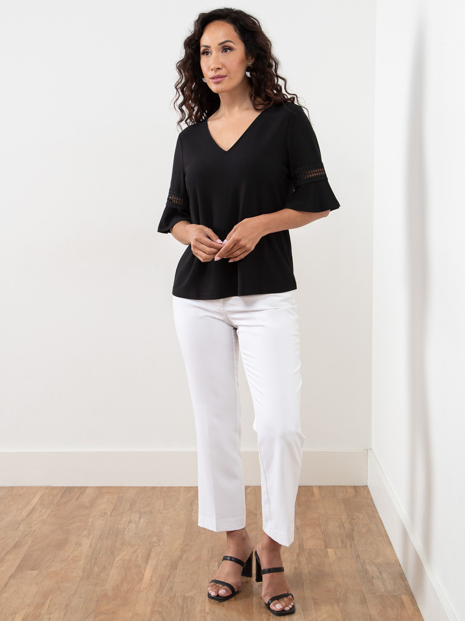 Petite Flared Sleeve Black Top | Cleo