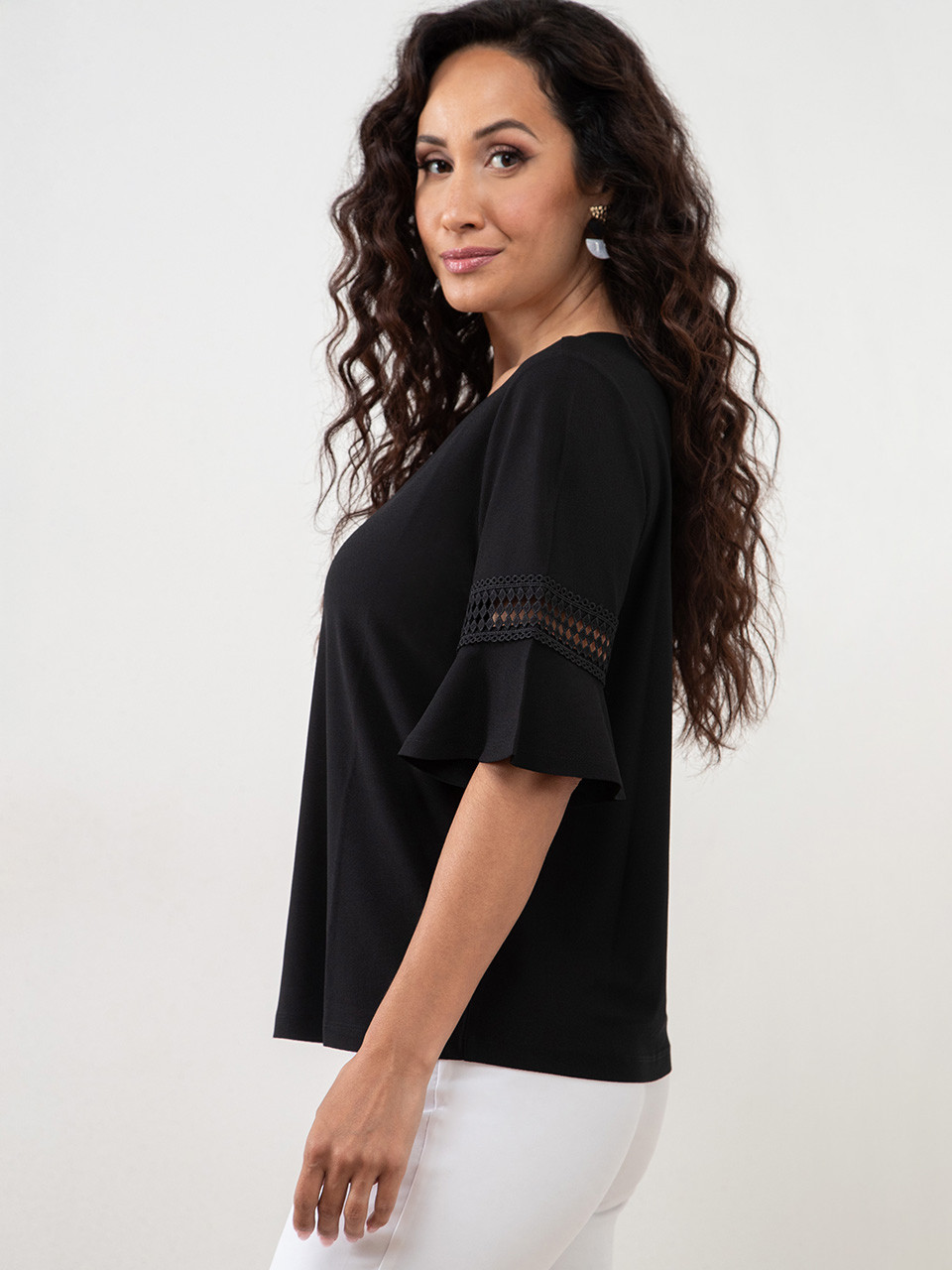Petite Flared Sleeve Black Top
