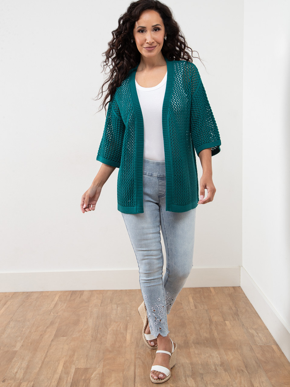Petite Open Stitch Knit Peacock Kimono Sweater