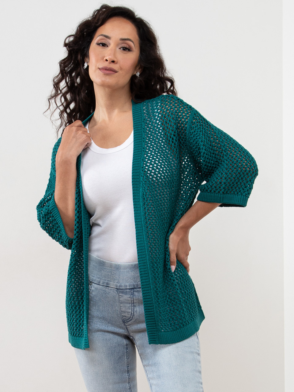 Petite Open Stitch Knit Peacock Kimono Sweater