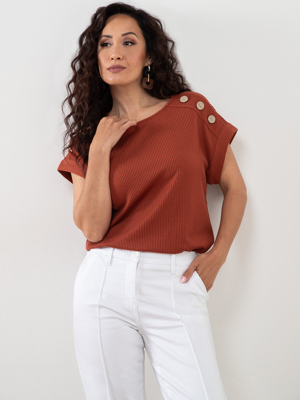 Petite Relaxed Cap Sleeve Top with Button Detail in Terracotta