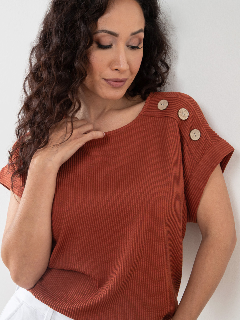 Petite Relaxed Cap Sleeve Top with Button Detail in Terracotta