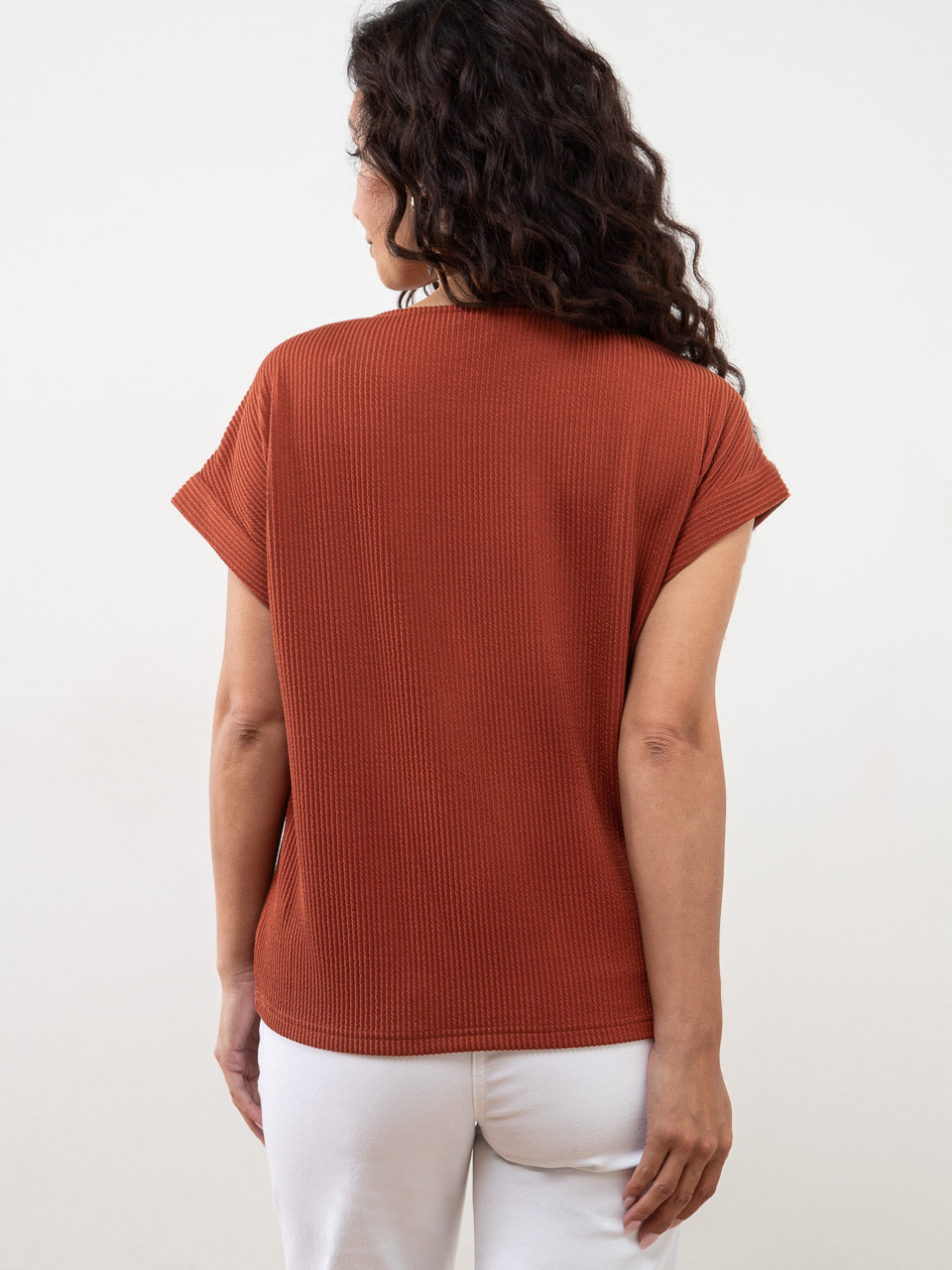 Petite Relaxed Cap Sleeve Top with Button Detail in Terracotta