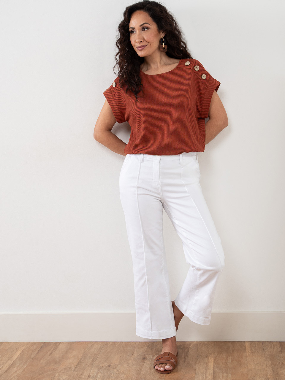 Petite Relaxed Cap Sleeve Top with Button Detail in Terracotta