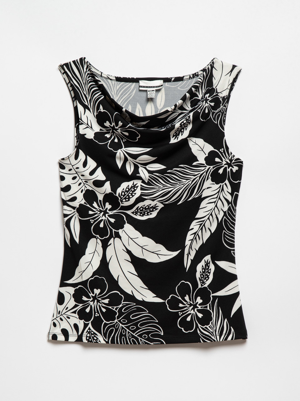 Sleevless Cowl Neck Top in Black/Ivory Tropical