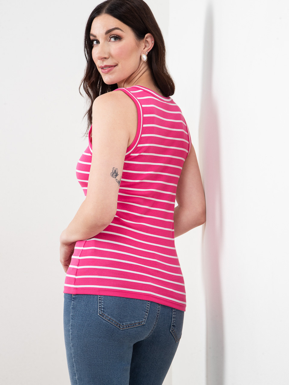 Stretch Cotton Hot Pink Stripe V-Neck Tank