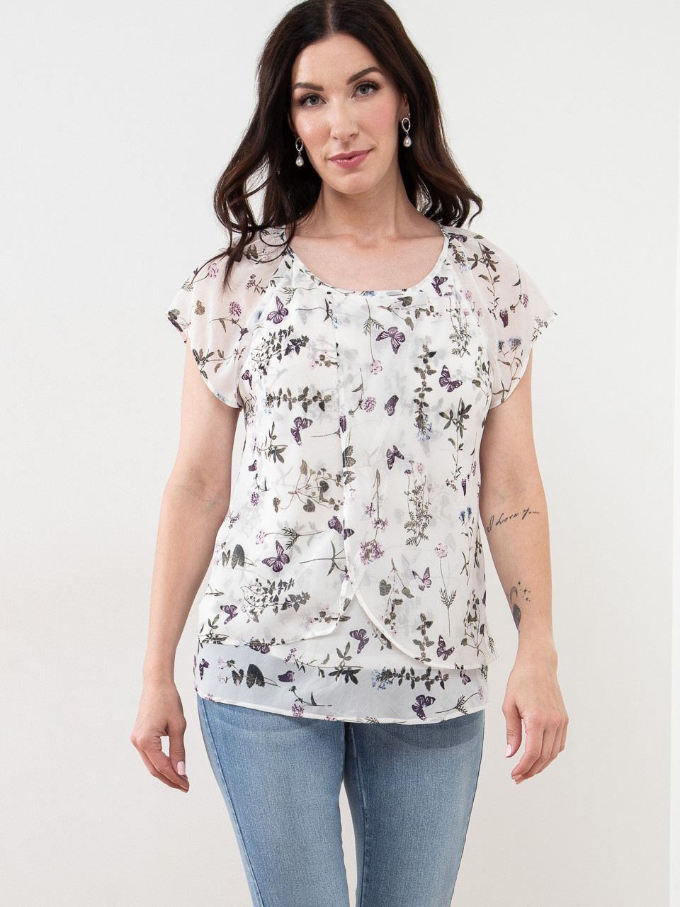 Tulip Front Chiffon Blouse in White/Purple Butterfly