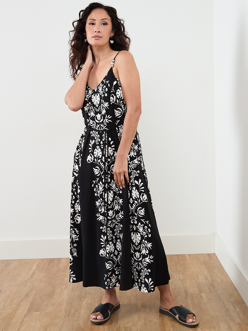 Black/White Maxi Dress with Bead Detail