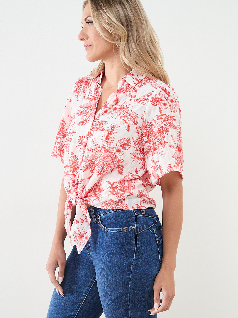 Collared Tie Front Seersucker Blouse