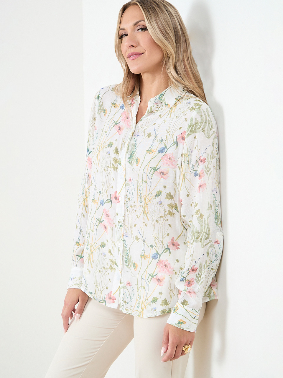 Long Sleeve Collared Blouse with Roll Tabs
