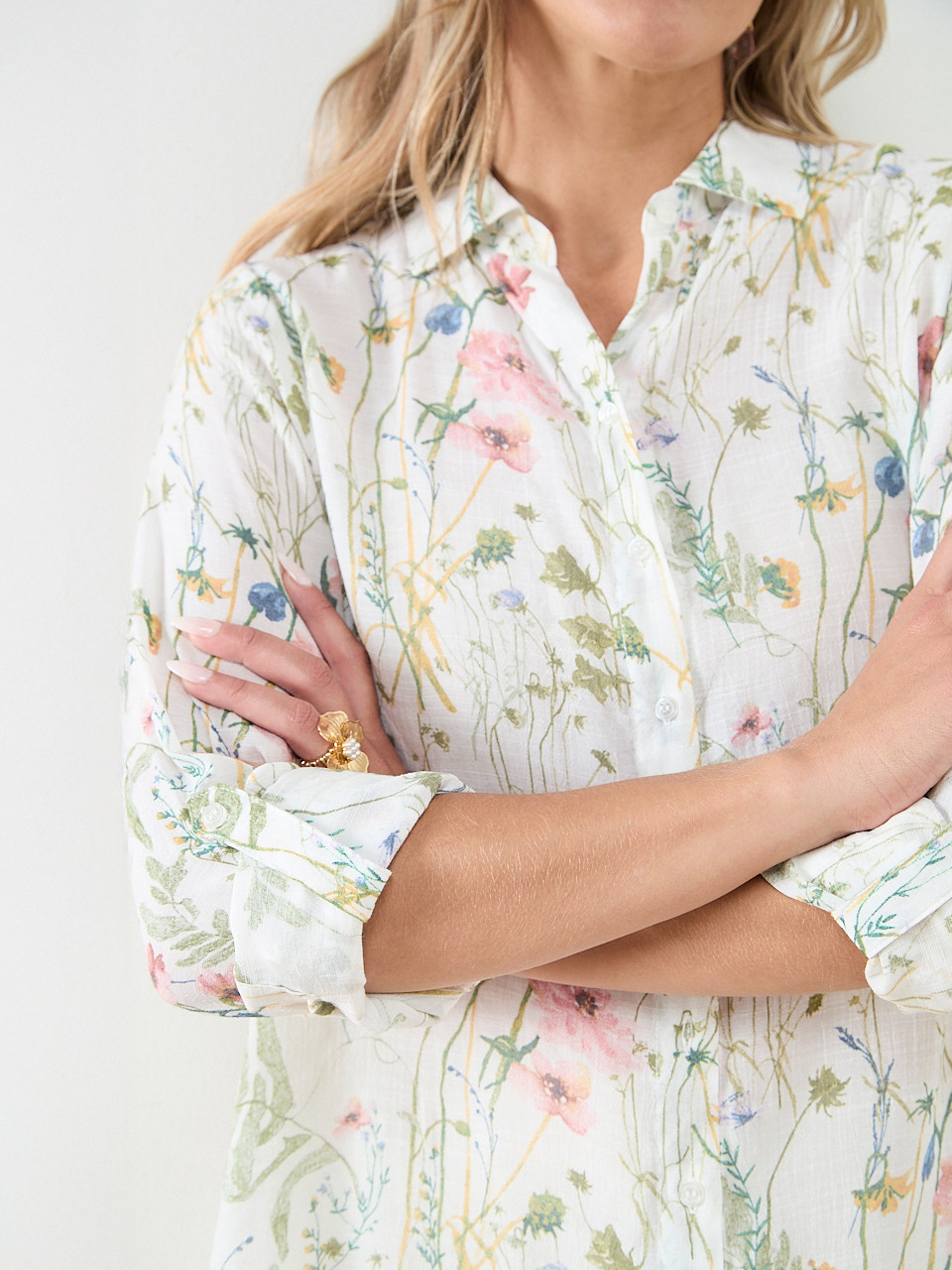 Long Sleeve Collared Blouse with Roll Tabs