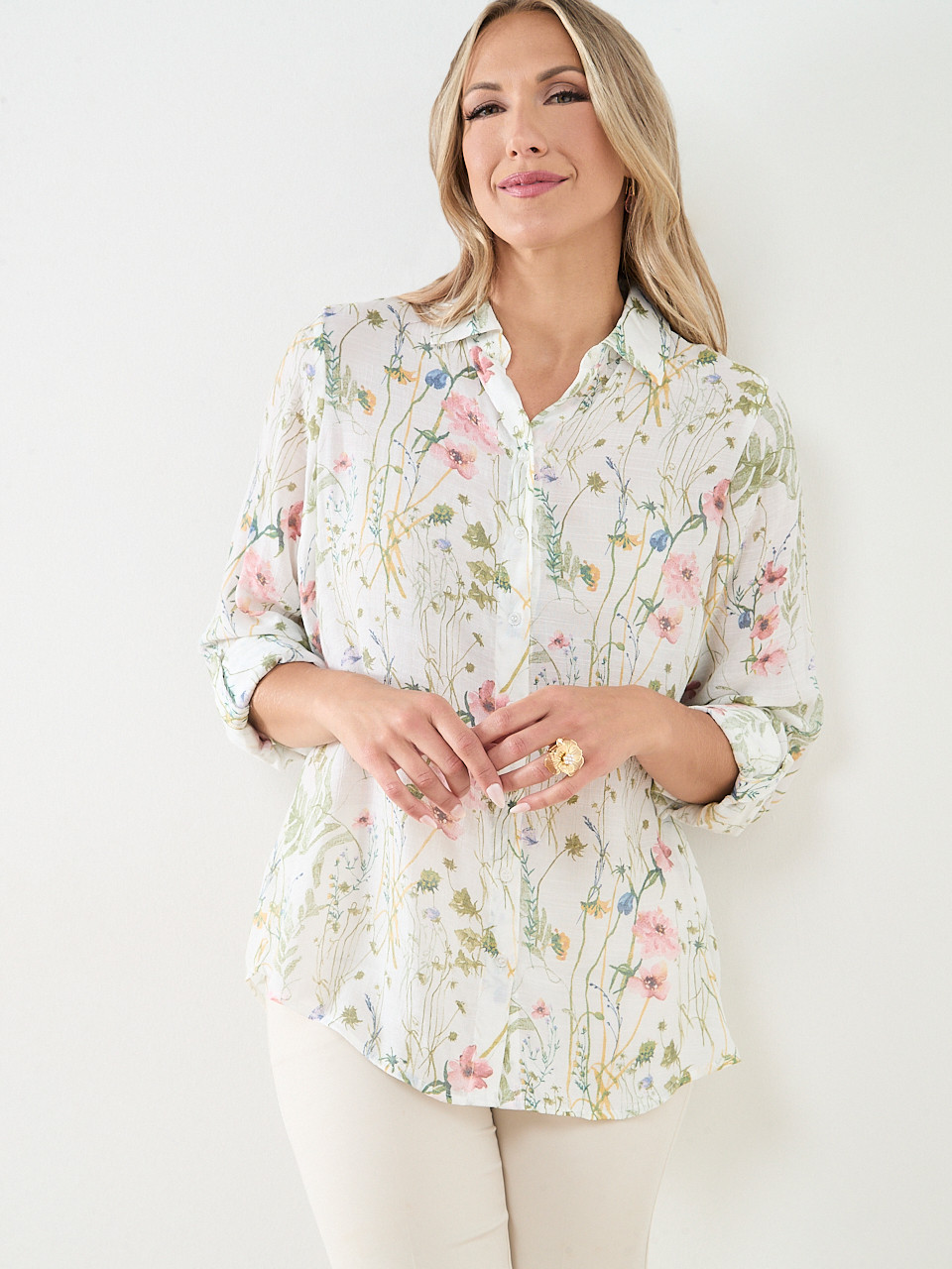 Long Sleeve Collared Blouse with Roll Tabs