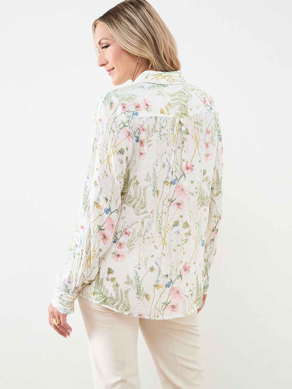 Long Sleeve Collared Blouse with Roll Tabs