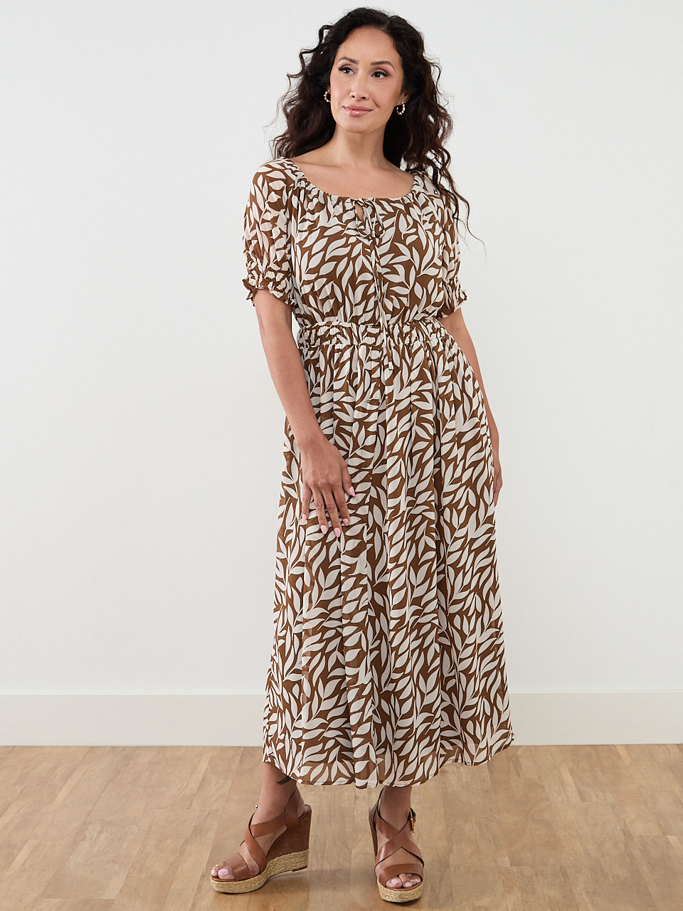 Neutral Chiffon Leaf Print Maxi Dress