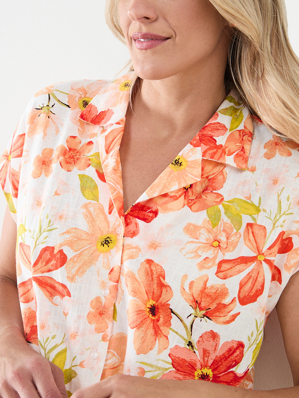 Notch Collar Linen Tie Front Blouse