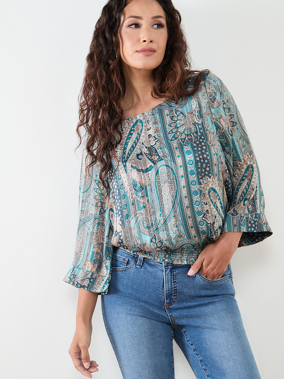 Petite Kimono Blouse with Smocked Hem