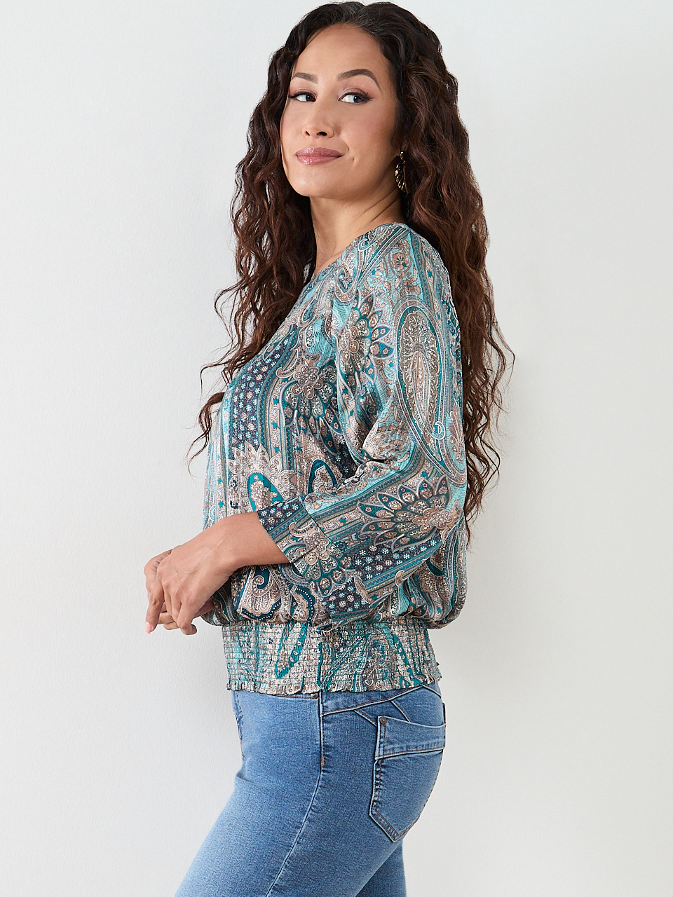 Petite Kimono Blouse with Smocked Hem