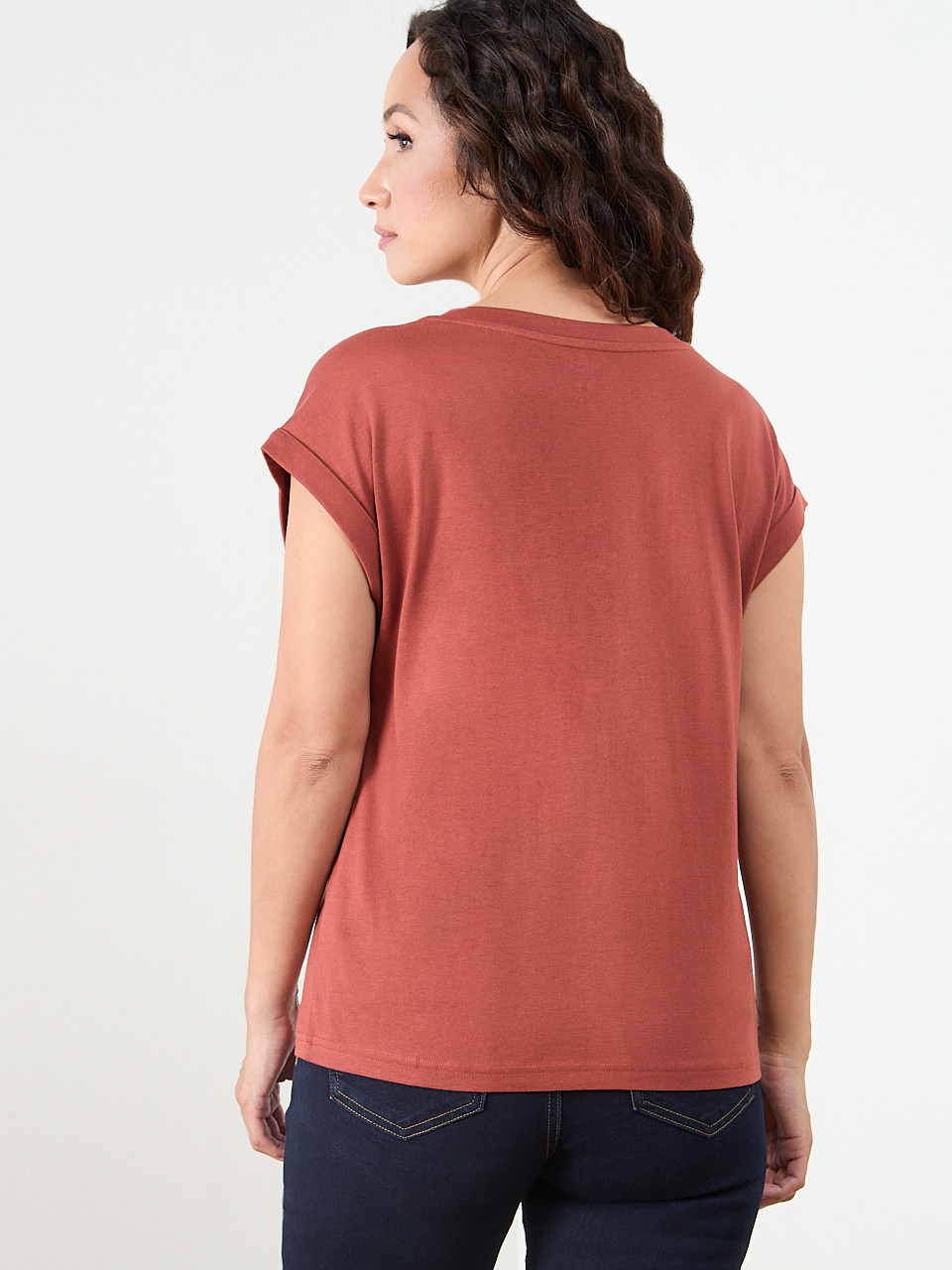 Petite Knit Shoulder Trim T-Shirt in Terracotta