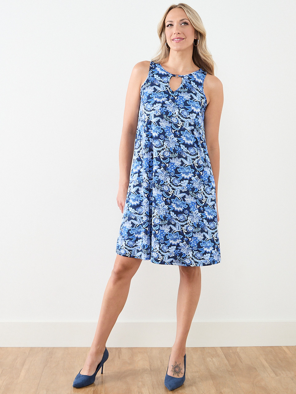 Ring Detail-Sleeveless Knee-Length Dress