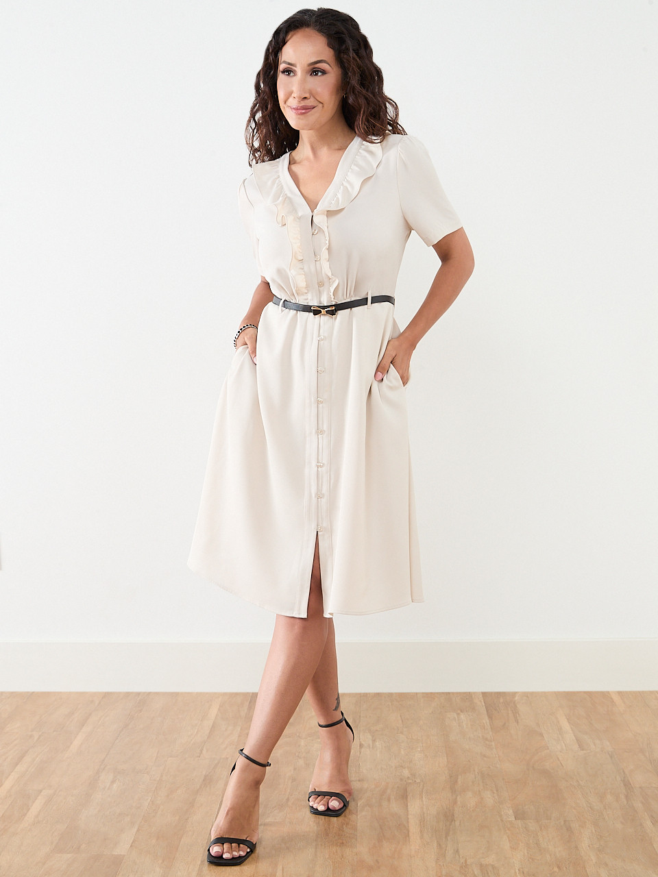 Petite Ruffle Front Midi Length Dress