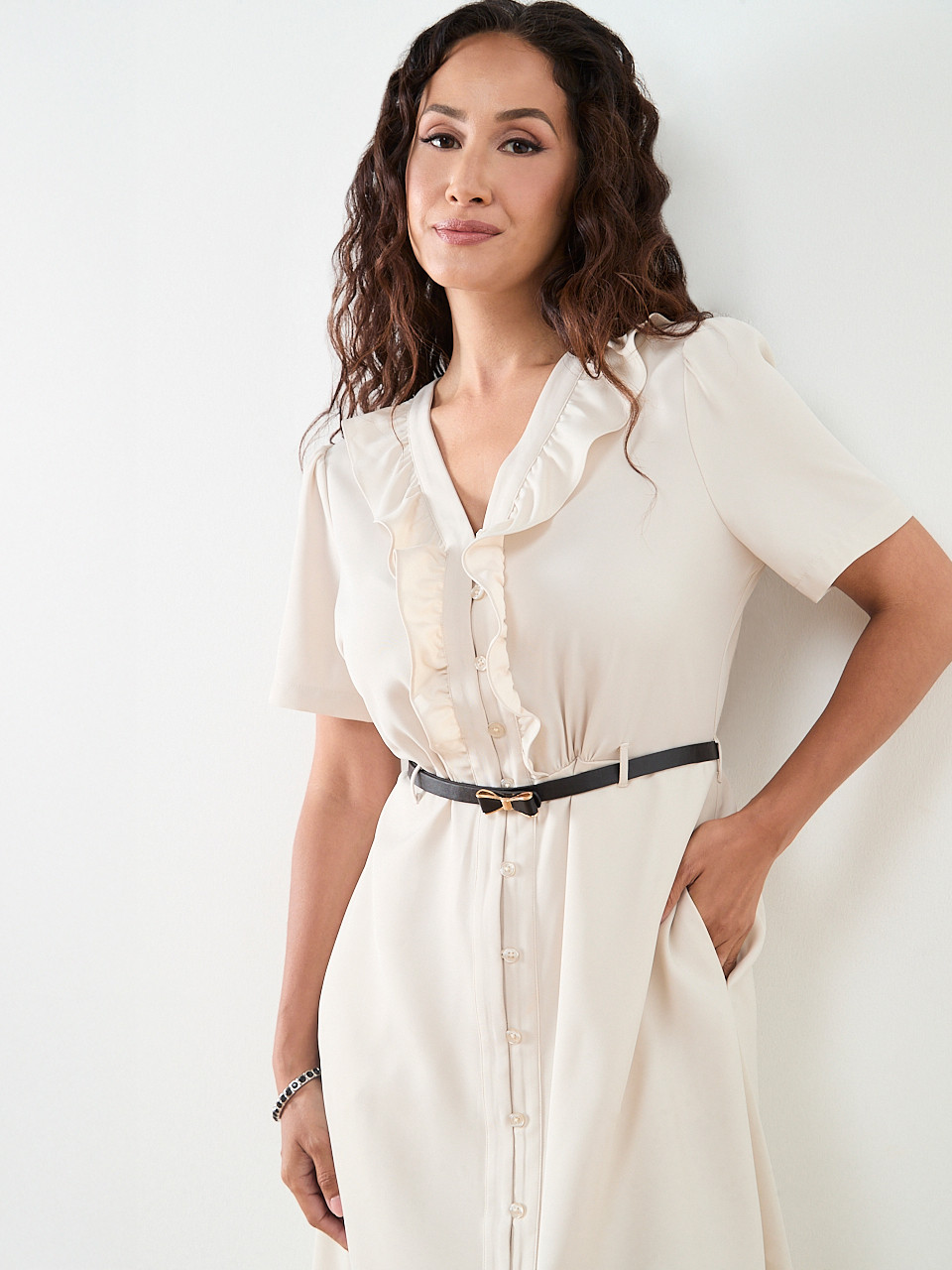 Petite Ruffle Front Midi Length Dress