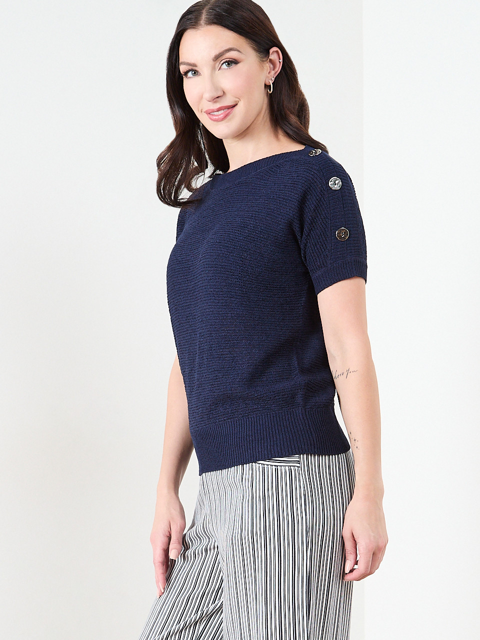 Short Sleeve Striped Tapeyarn Sweater