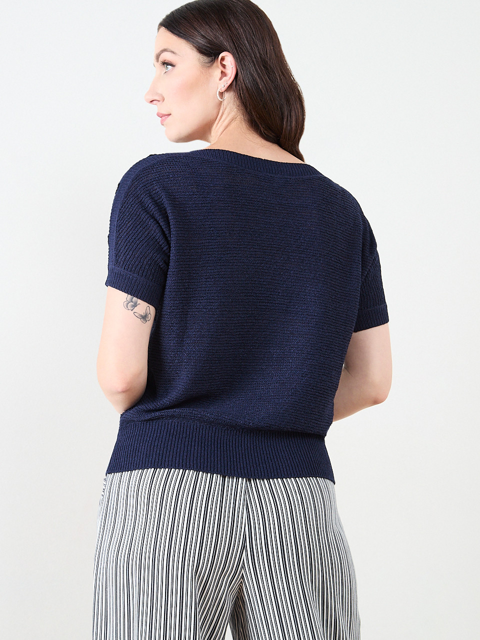 Short Sleeve Striped Tapeyarn Sweater