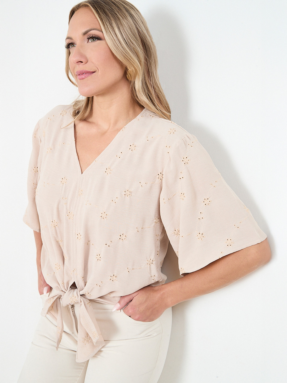 Short Sleeve Tie Front Airflow Blouse by Haver + Blair