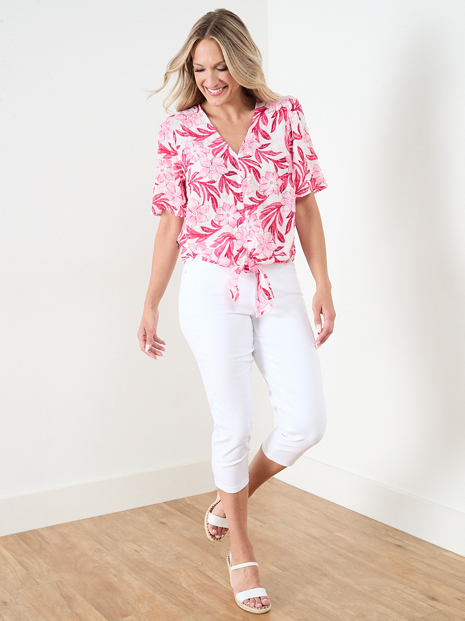 Short Sleeve Tie Front Seersucker Blouse