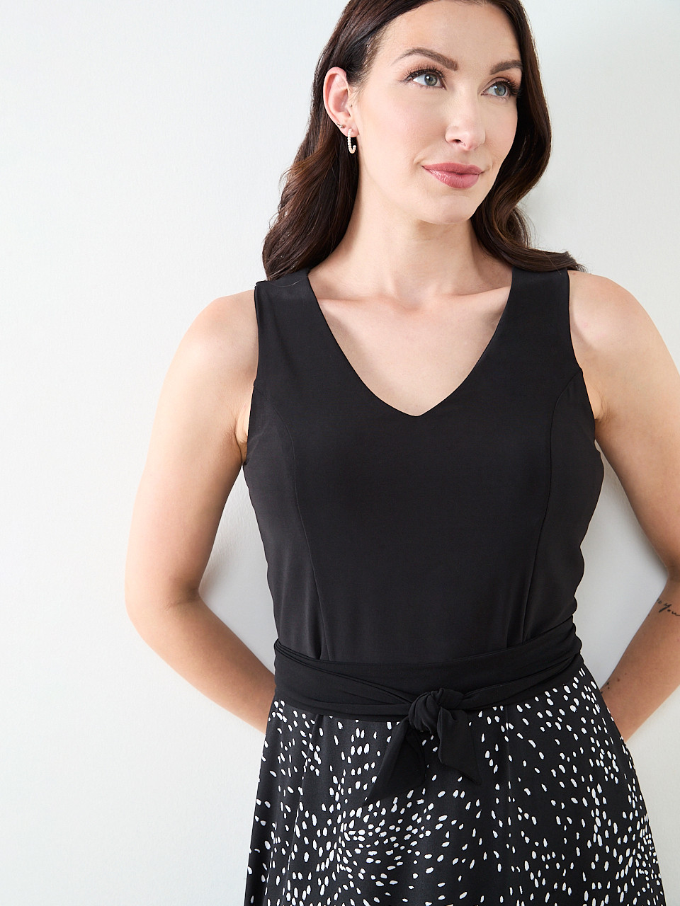 Sleeveless Fit & Flare Dress in Black/White Dot