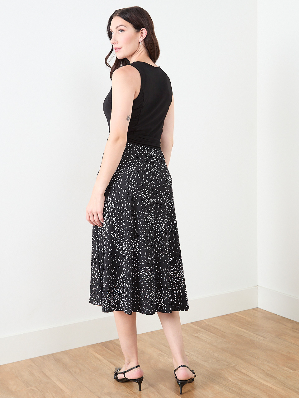 Sleeveless Fit & Flare Dress in Black/White Dot