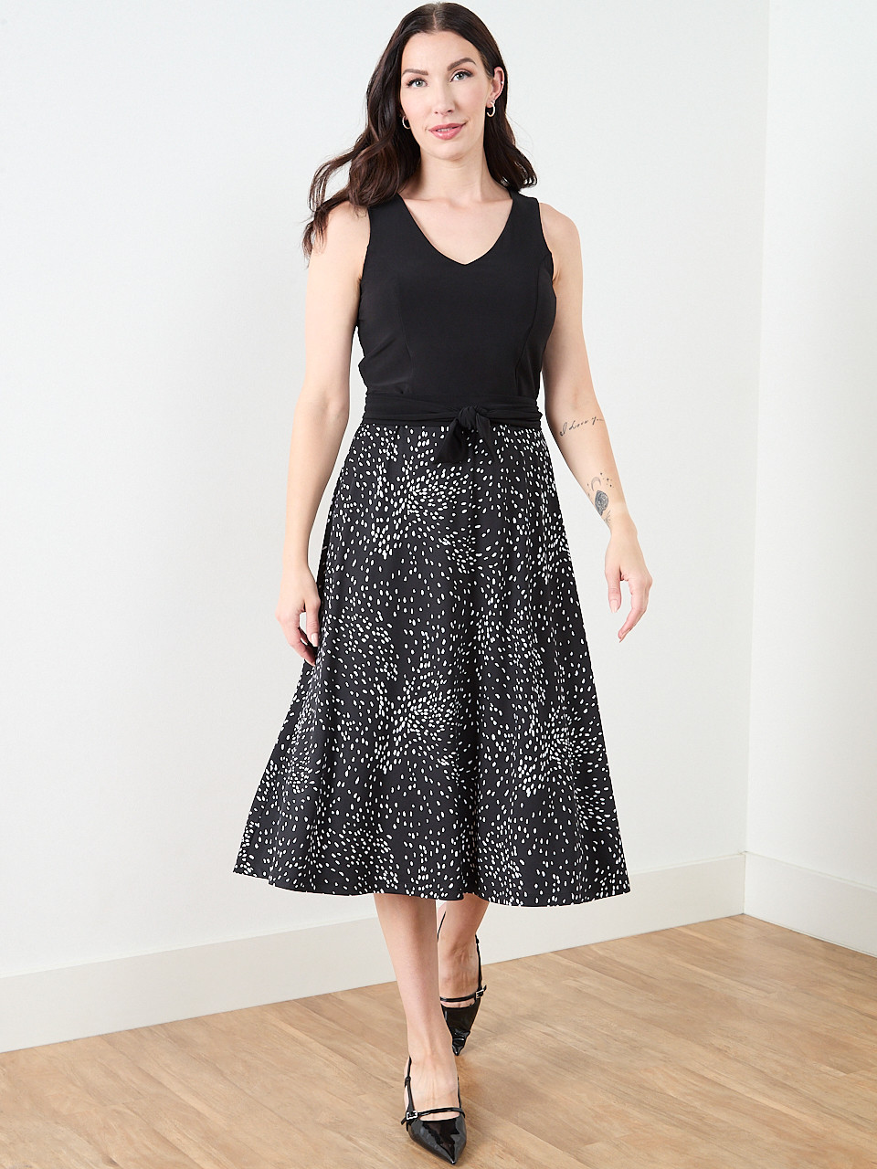 Sleeveless Fit & Flare Dress in Black/White Dot