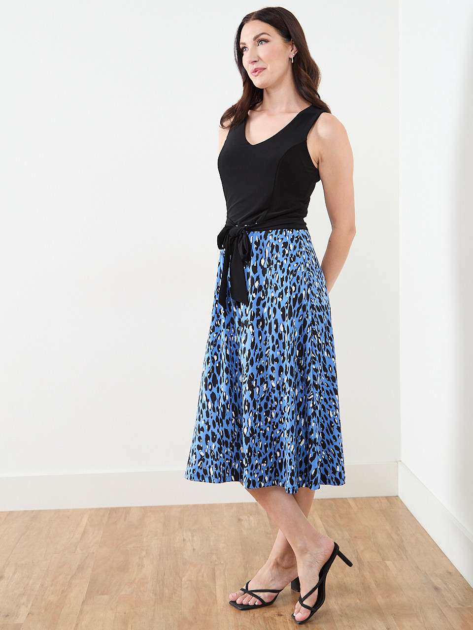 Sleeveless Fit & Flare Dress in Blue Leopard
