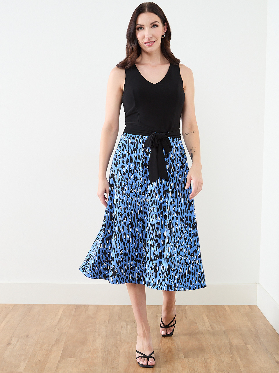 Sleeveless Fit & Flare Dress in Blue Leopard