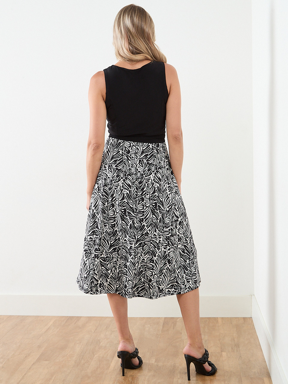 Sleeveless Fit & Flare Dress in Palm Print