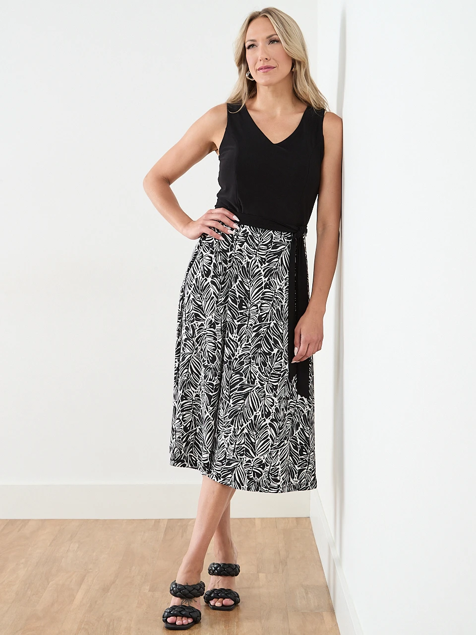 Sleeveless Fit & Flare Dress in Palm Print
