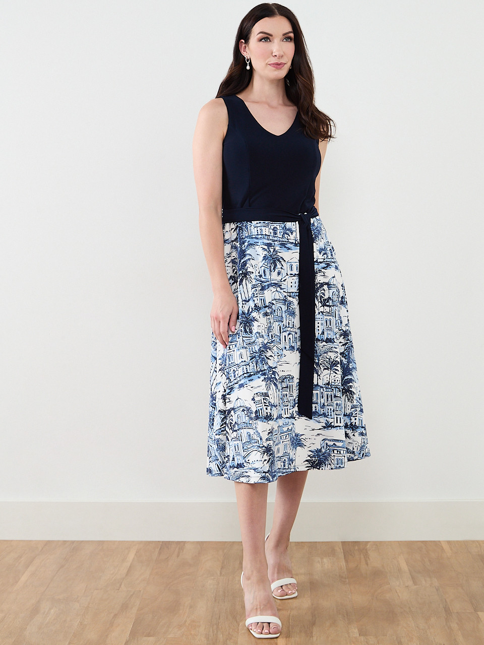 Sleeveless Fit & Flare Dress in Scenery Print