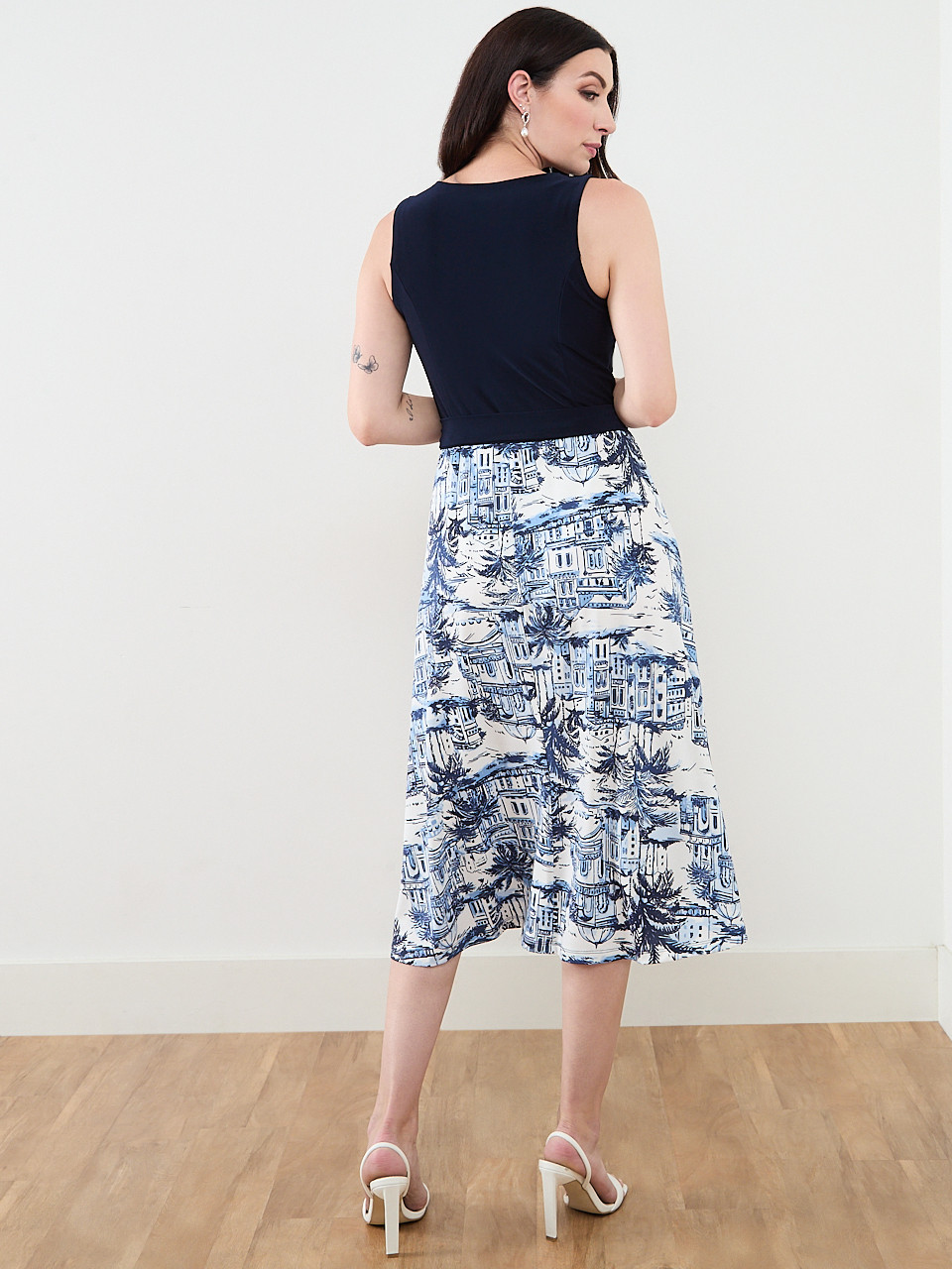 Sleeveless Fit & Flare Dress in Scenery Print