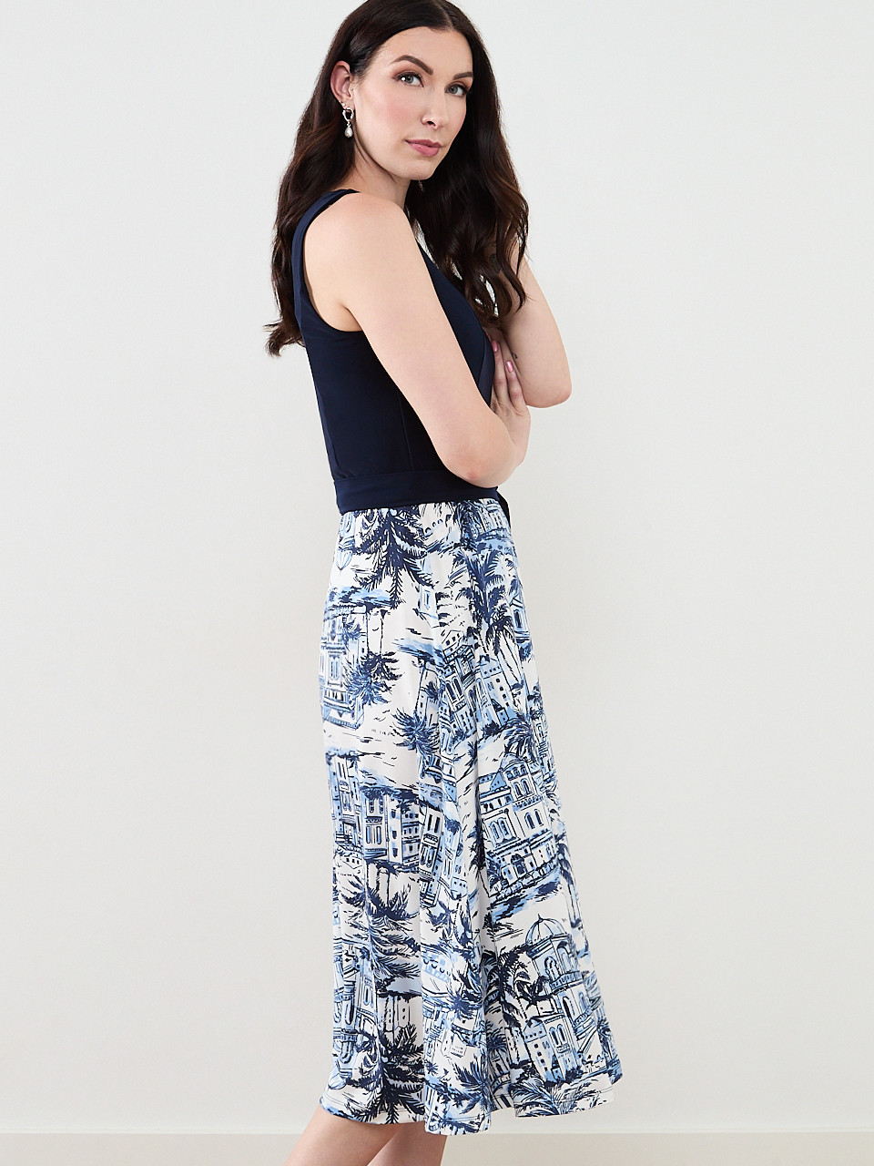 Sleeveless Fit & Flare Dress in Scenery Print
