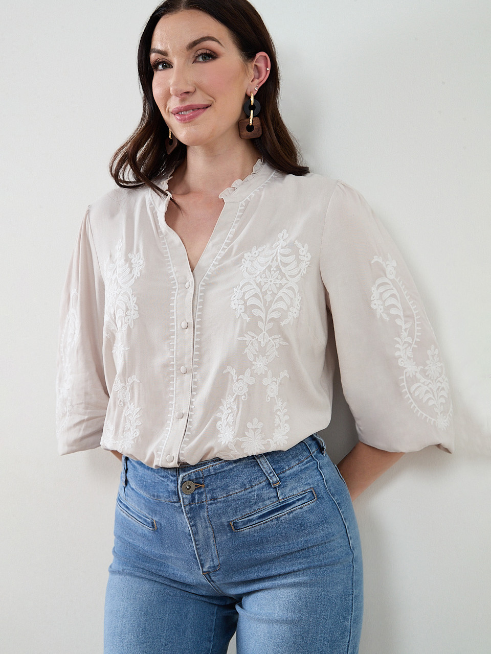 3/4 Sleeve Embroidered Blouse