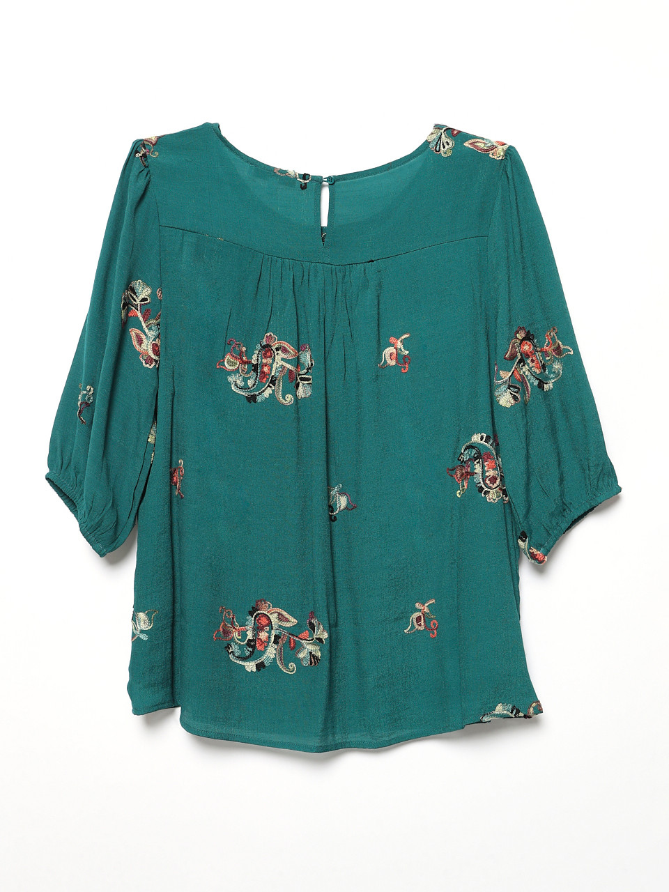 Elbow Sleeve Embroidered Blouse in Peacock