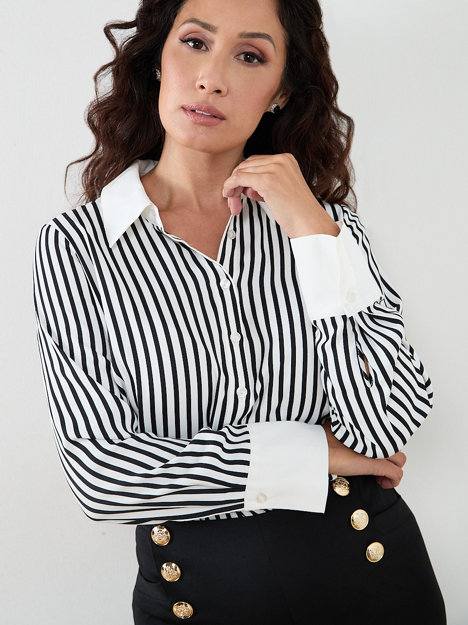Long Sleeve White And Black Blouse Cleo - Main Image