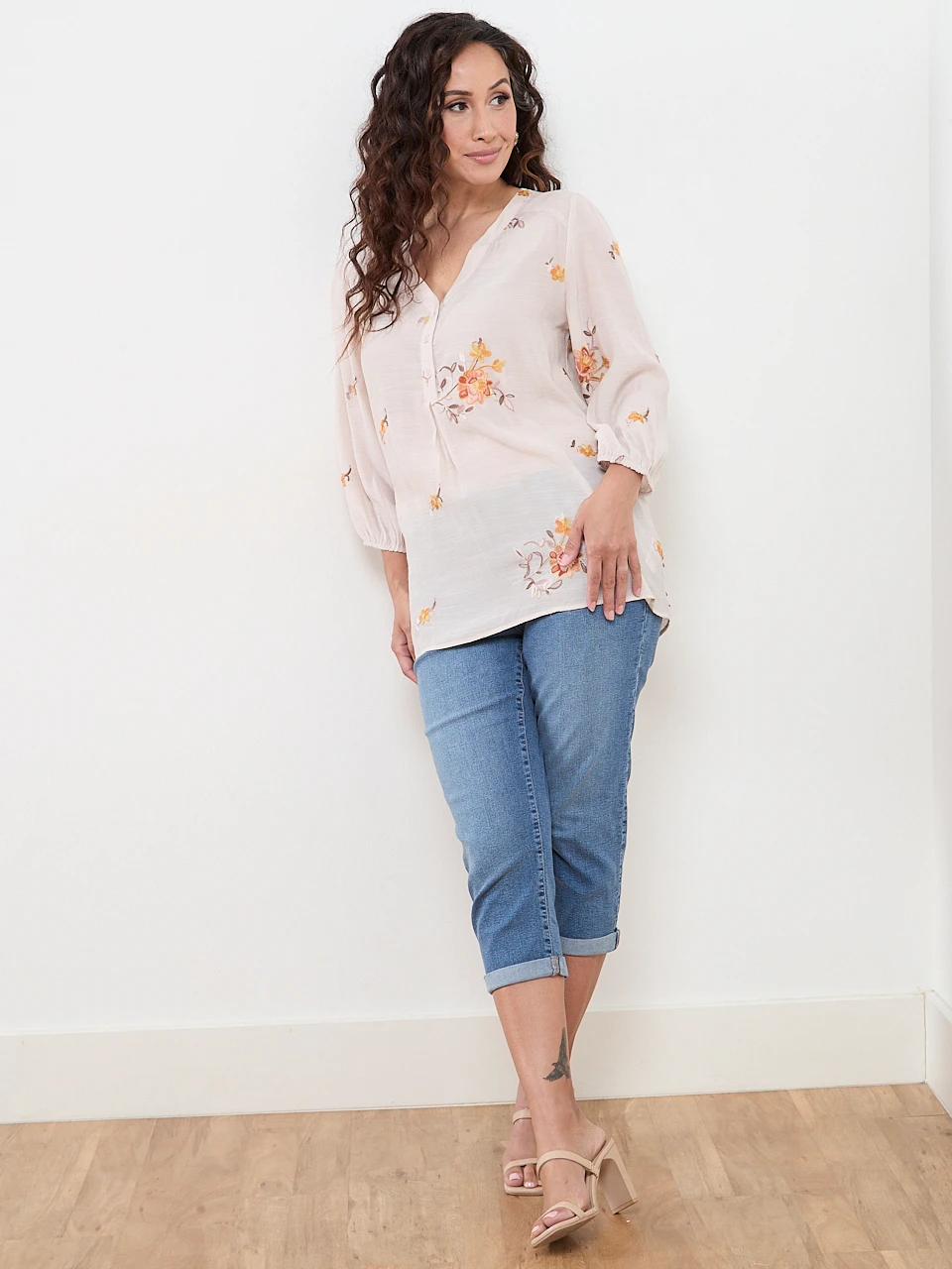 Petite Elbow Sleeve Embroidered Blouse