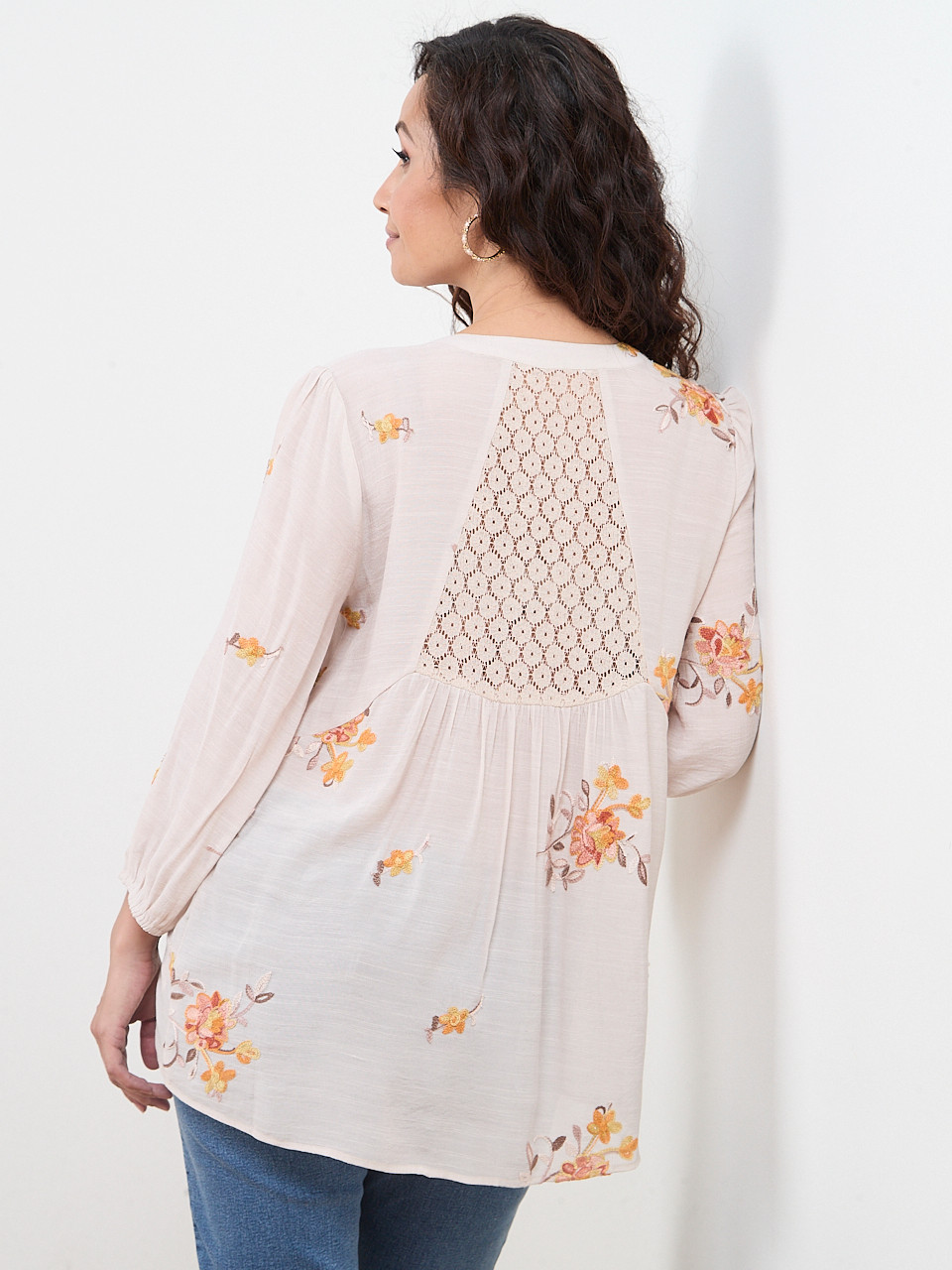 Petite Elbow Sleeve Embroidered Blouse