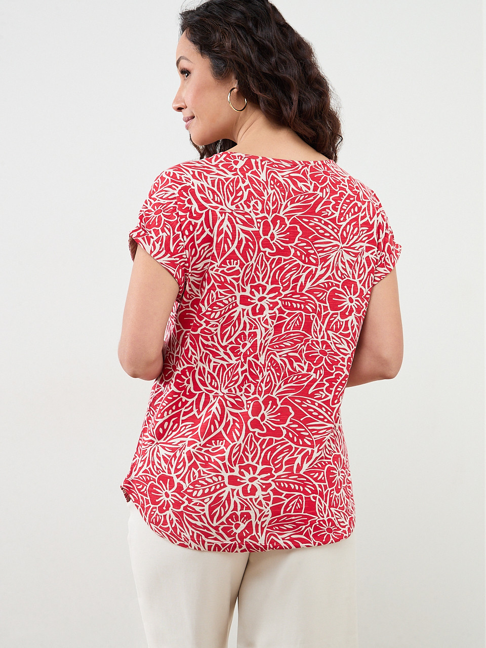 Petite Short Sleeve Boatneck T-Shirt in Crimson Floral