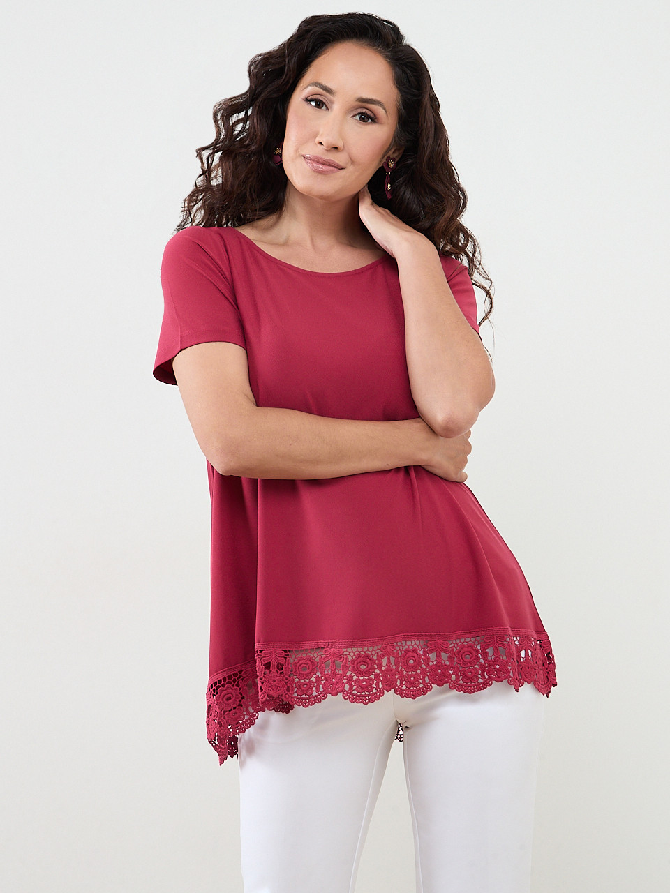 Petite Short Sleeve Crochet Trim Top